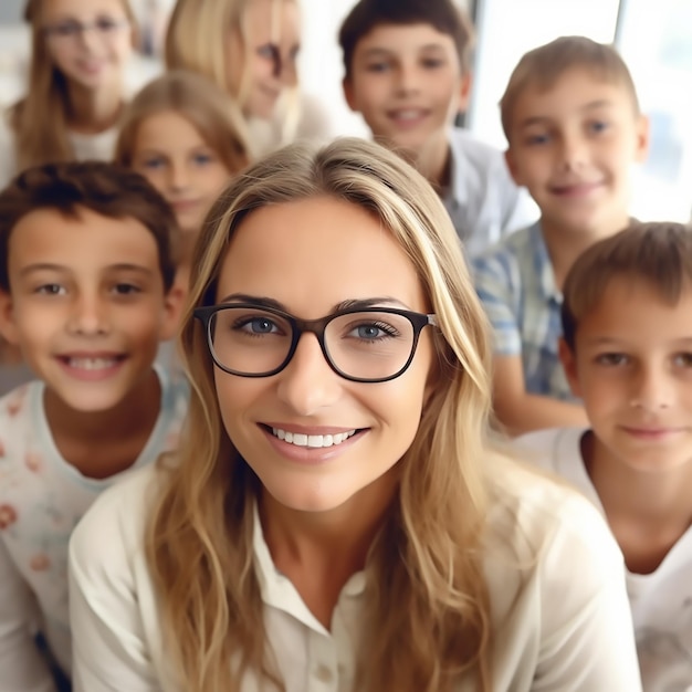 Une belle enseignante avec ses élèves souriants