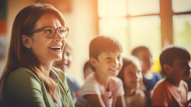 Photo une belle enseignante souriante dans la classe des enfants rayonne de positivité.