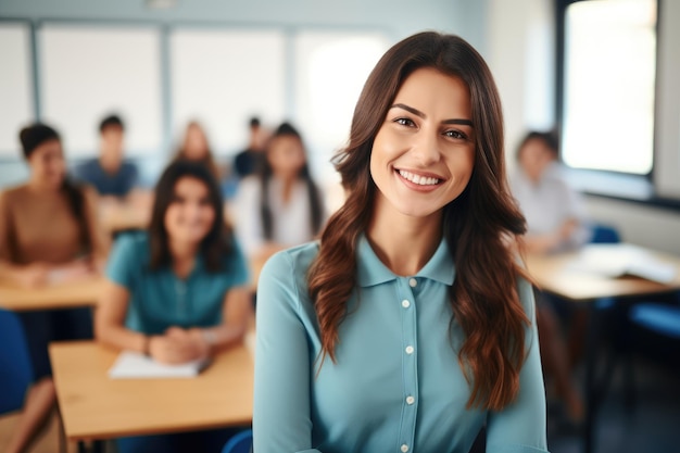 belle enseignante souriante dans la salle de classe