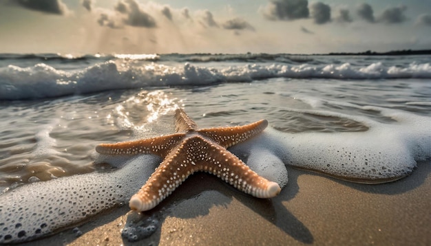 Photo belle étoile de mer sur le sable de la plage l'eau de mer mousseuse