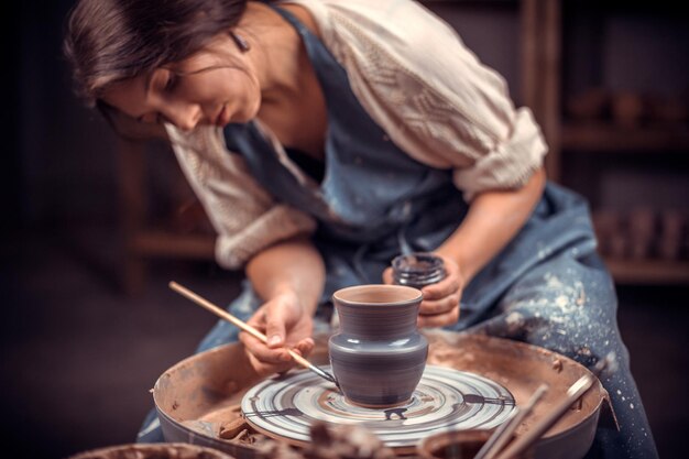 Une belle étudiante potière crée une nouvelle poterie à partir d'argile sur un tour de potier. Artisanat.