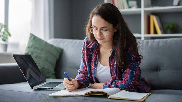 Une belle étudiante qui apprend chez elle sur le canapé.