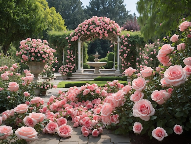 Belle exposition de roses dans un grand jardin génération Ai