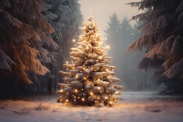 Belle fable décorée arbre de Noël dans la forêt d'hiver