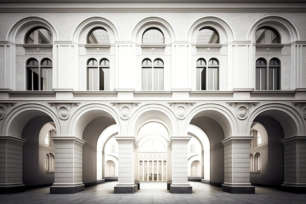 Photo belle façade de bâtiment avec fenêtres cintrées et poutres blanches