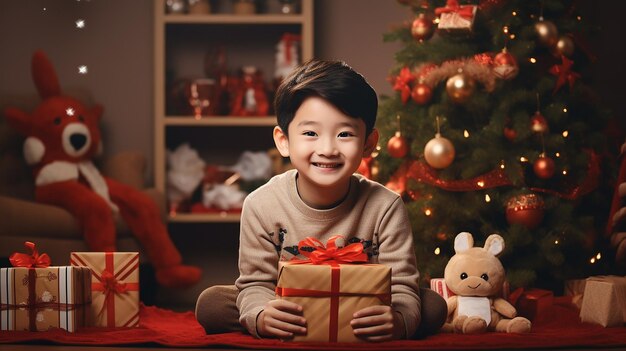 Belle famille asiatique avec arbre de Noël dans leur vie