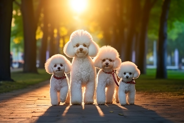 Une belle famille de chiens caniche sur un magnifique fond naturel Le chien se promène dans le parc