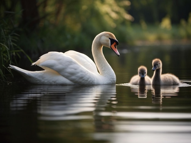 Belle famille de cygnes avec des petits à l'étang ai