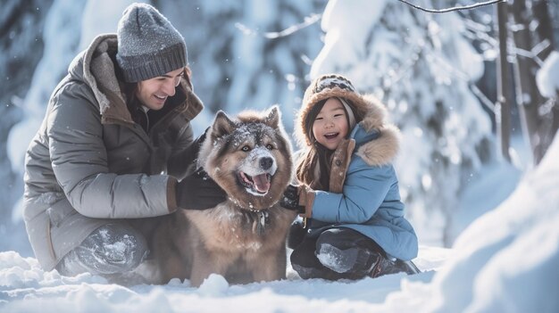 Une belle famille avec un enfant dans un traîneau et deux chiots husky riant contre l'IA générative