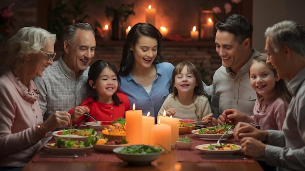 Une belle famille heureuse de plusieurs générations dînant sainement.