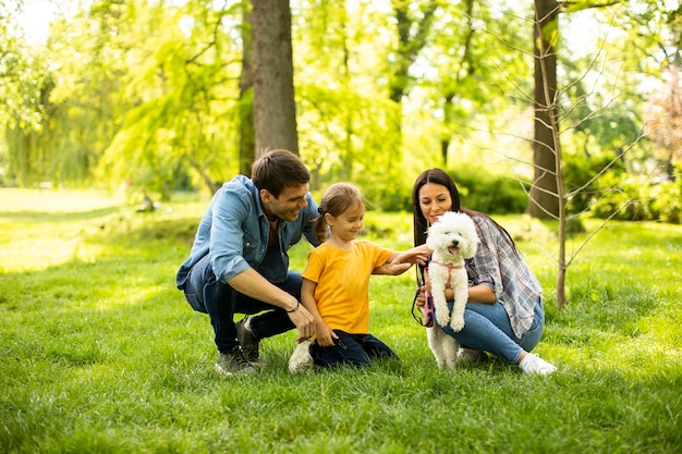 Belle famille heureuse s'amuse avec un chien bichon à l'extérieur dans le parc
