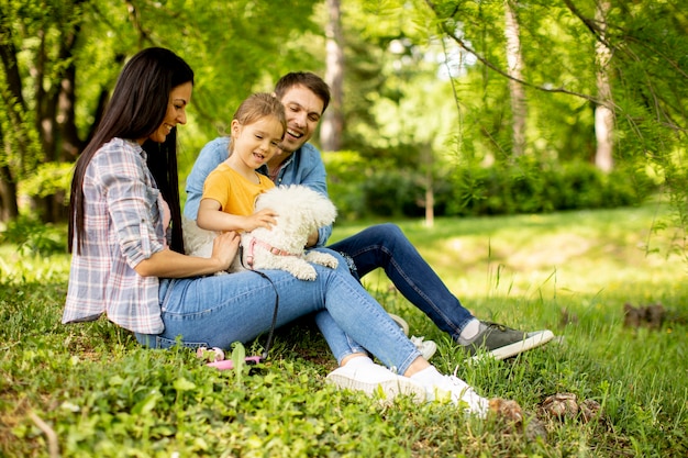 Belle famille heureuse s'amuse avec un chien bichon à l'extérieur dans le parc
