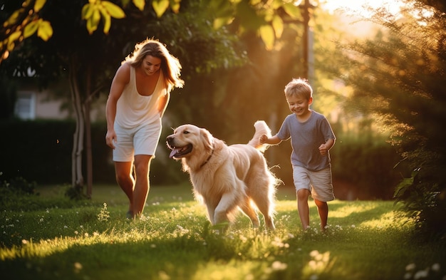 Une belle famille jouant avec un chien dans le jardin idyllique famille s'amusant avec un fidèle chien de race pure à l'extérieur dans le jardin de la maison d'été créé avec la technologie d'IA générative