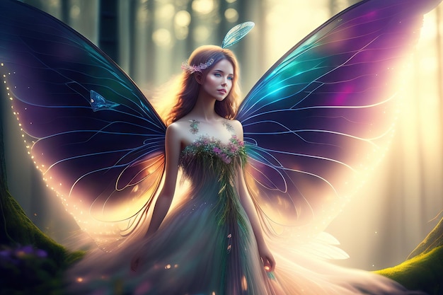 Belle fée aux ailes translucides dans une forêt magique Personne inexistante