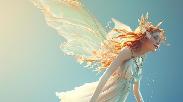 Une belle fée aux longs cheveux roux et aux ailes délicates vole à travers une forêt ensoleillée.