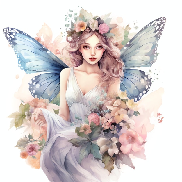 belle fée avec une couronne de fleurs aquarelle fantaisie conte de fées clipart illustration