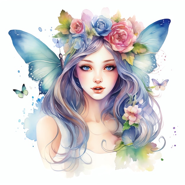 belle fée avec une couronne de fleurs aquarelle fantaisie conte de fées clipart illustration