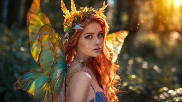 Belle fée rousse magique avec des ailes de papillon enchanté Nymphe de la forêt