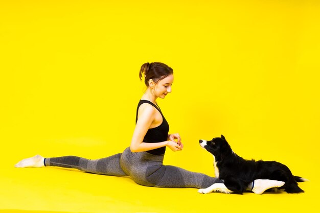 Une belle femelle sportive avec un border collie en studio.