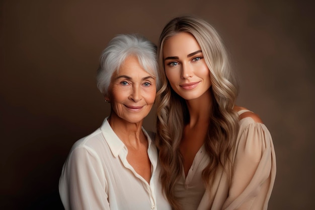 belle femme adulte aux cheveux gris souriante et sa fille jeune femme tendresse