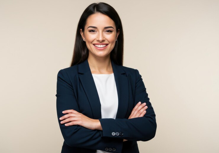 Photo une belle femme d'affaires brune avec un grand sourire naturel.