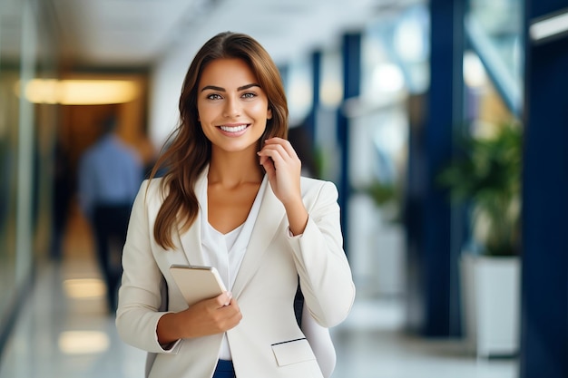 Une belle femme d'affaires en costume au bureau