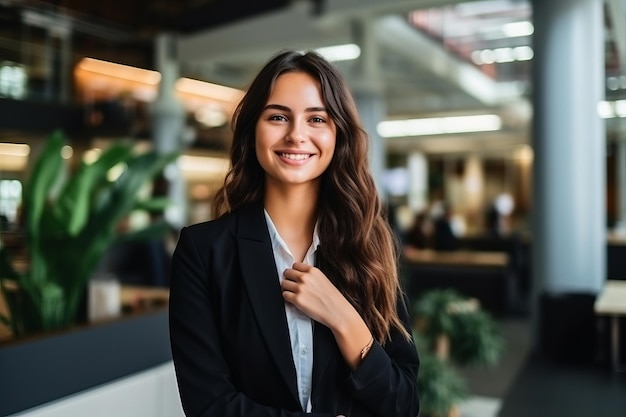 Une belle femme d'affaires en costume au bureau.