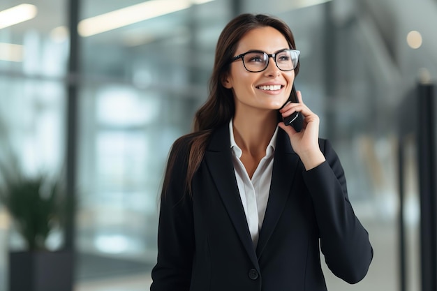 Une belle femme d'affaires en costume qui parle au téléphone.