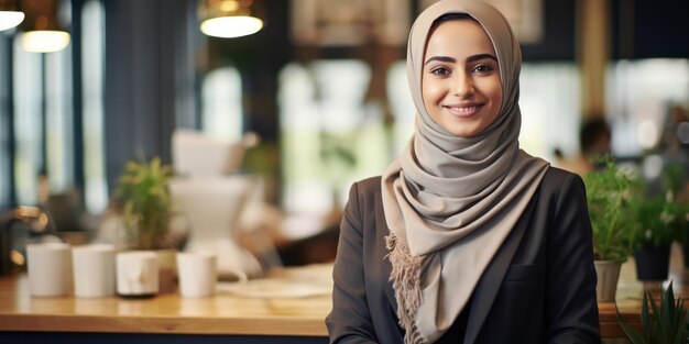 une belle femme d'affaires musulmane sur un fond de bureau flou