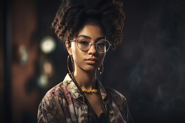 Belle femme africaine avec une coiffure afro pigtails et des vêtements élégants générés par l'IA
