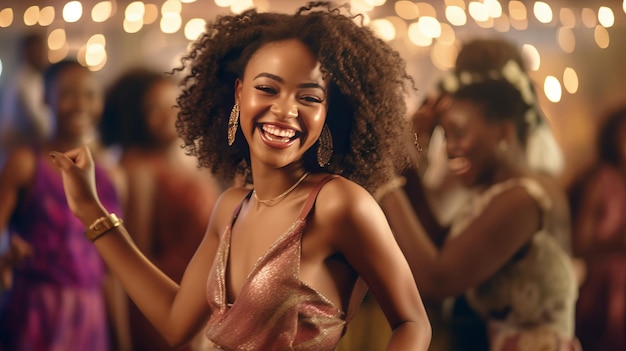 Belle femme africaine dansant lors d'un gala Femme en robe de soirée appréciant de danser à la fête avec des amis autour