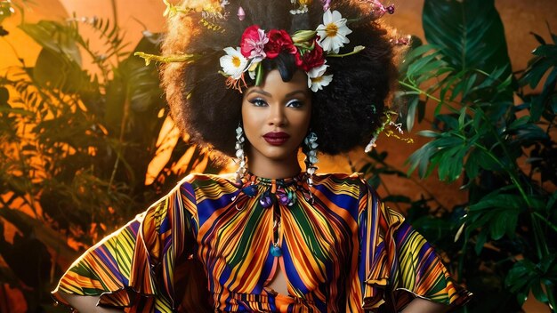 Une belle femme africaine avec un gros afro bouclé et des fleurs dans les cheveux.