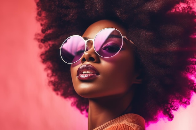 Belle femme africaine avec des lunettes de soleil roses à la mode