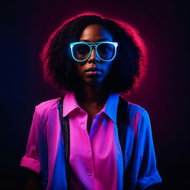 d'une belle femme africaine avec une photo avec une lumière de néon rose et bleue mixte générative AI