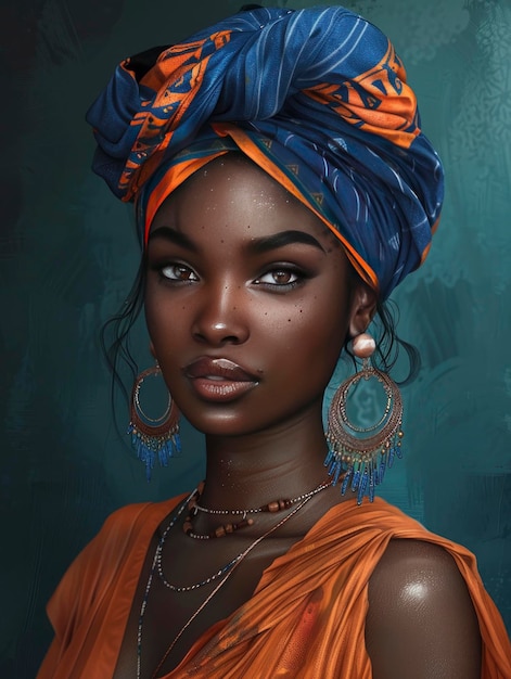 Une belle femme africaine portant un turban orange et bleu et une grande boucle d'oreille