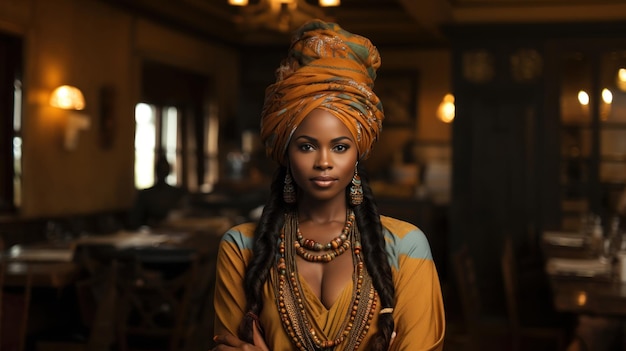 Belle femme africaine en turban au restaurant africain à Lagos Nigeria