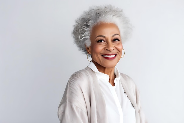 Une belle femme afro-américaine âgée dans une chemise et un cardigan de couleur claire