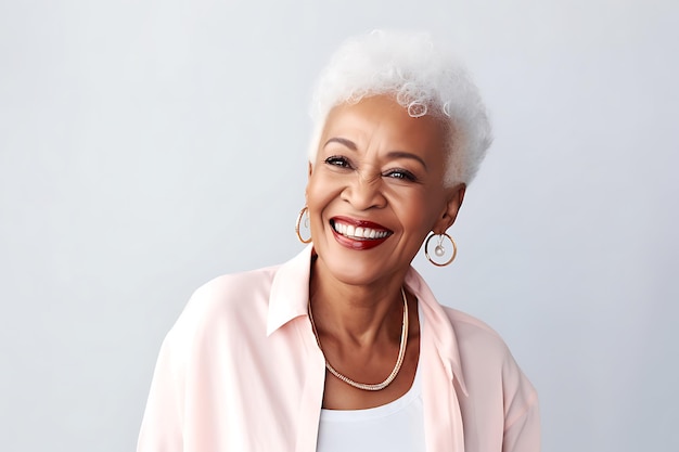 Une belle femme afro-américaine âgée dans une chemise et un cardigan de couleur claire