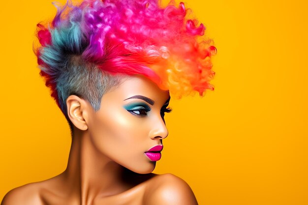 Photo belle femme afro-américaine aux cheveux colorés sur fond jaune