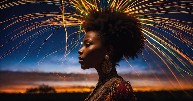 Photo belle femme afro-américaine avec une coiffure afro et délimitée en lumière ai générative