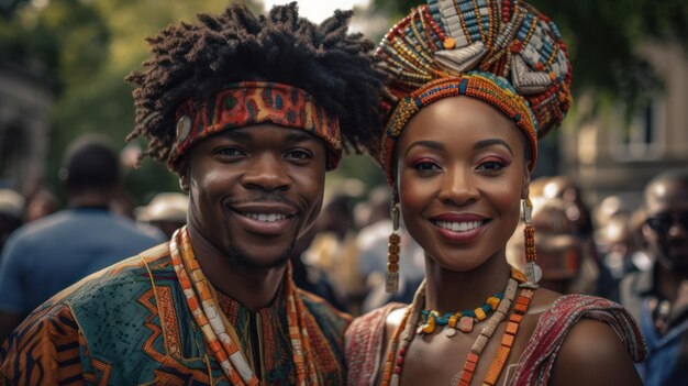 Photo belle femme afro-américaine en costume traditionnel et bel homme noir souriant et regardant