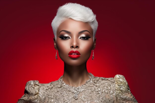 Une belle femme afro-américaine avec une coupe de cheveux extrêmement courte en platine avec des lèvres rouges et du maquillage