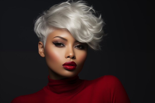 Une belle femme afro-américaine avec une courte coupe de cheveux bouclée en platine avec des lèvres rouges et du maquillage