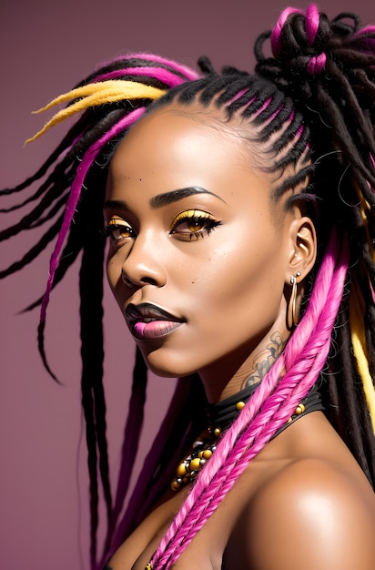 Belle femme afro-américaine avec des dreadlocks roses Generative AI