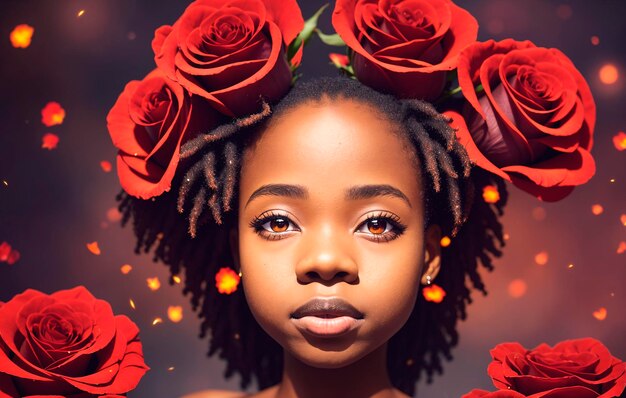 Une belle femme afro-américaine entourée de roses rouges la nuit.