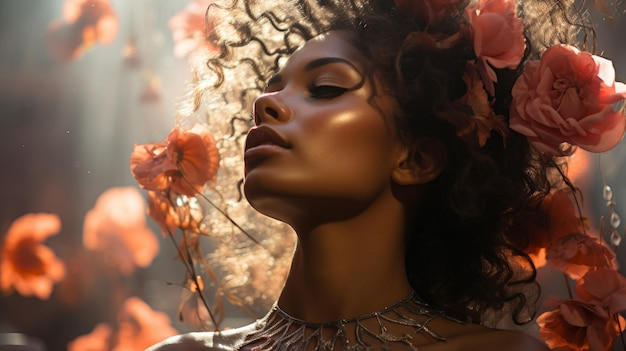 Photo belle femme afro-américaine avec des fleurs dans les cheveux