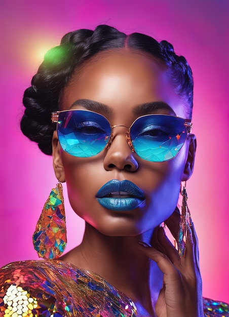 belle femme afro-américaine avec un maquillage lumineux et des lunettes de soleilbelle afro-américaine