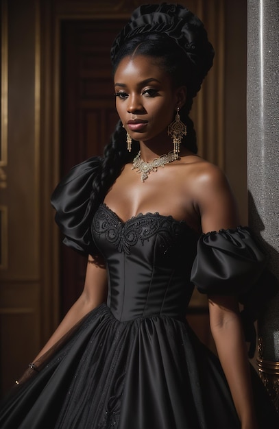 Une belle femme afro-américaine portant une robe noire et des bijoux.