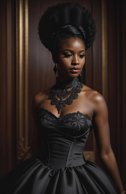 Une belle femme afro-américaine portant une robe noire et des bijoux.