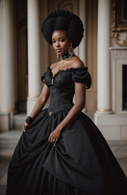 Une belle femme afro-américaine portant une robe noire et des bijoux.